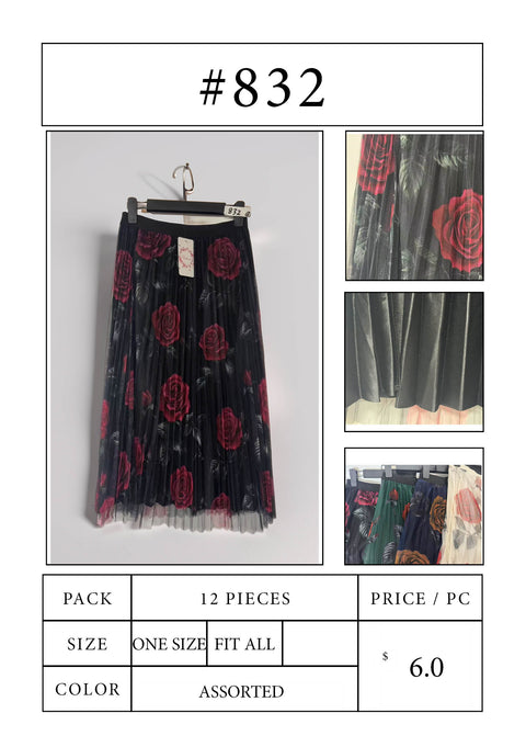 #832 Pleated Mesh Midi Skirt with Rose Print