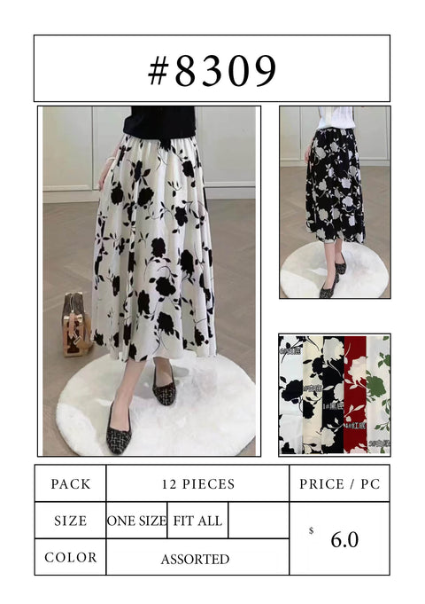 #8309 Satin Floral Print Midi Skirt