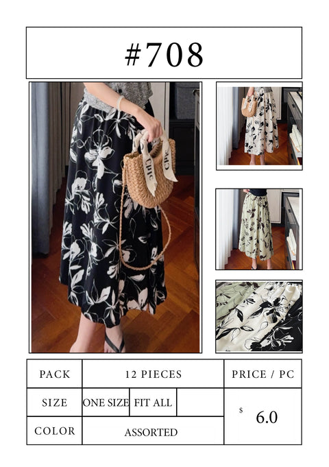 #708 Satin Floral Print A-Line Midi Skirt