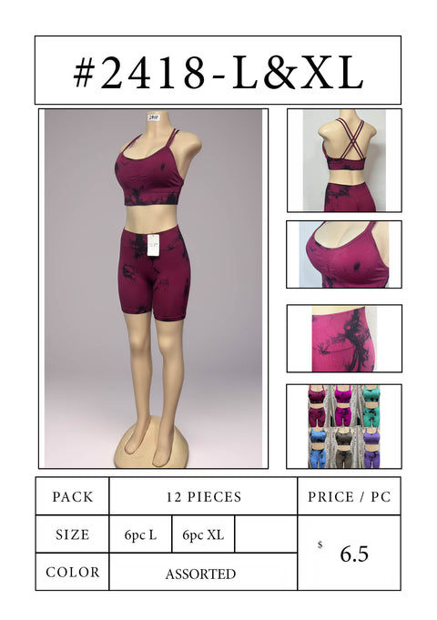 #2418 Tie-Dye Sports Bra & Biker Shorts Set – L & XL