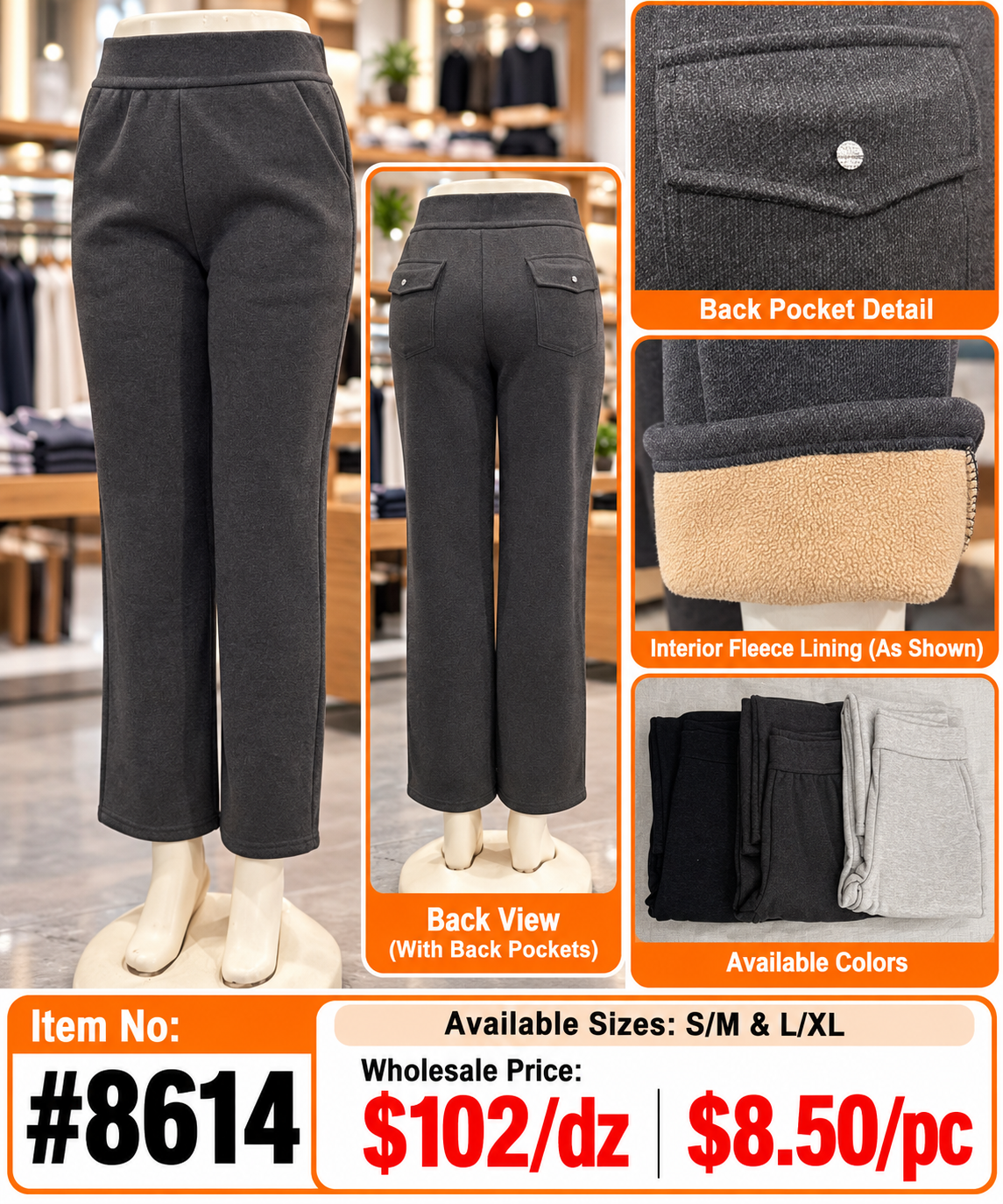 #8614 Women's Cashmere Golden-Stripe Fleece-Lined Pants - front and back views, back pocket detail, fleece lining, available colors
