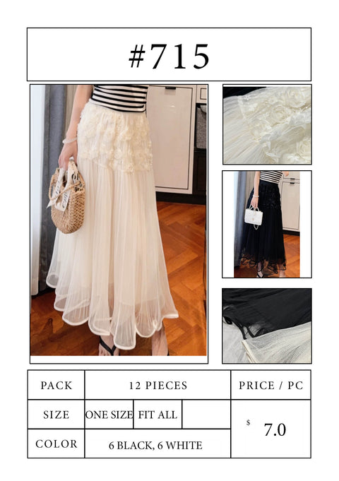 #715 Floral Lace & Sheer Pleated Maxi Skirt