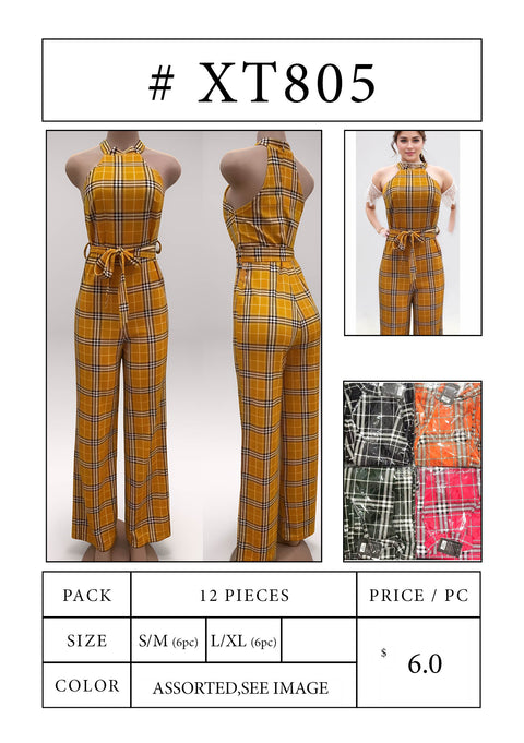 #XT805 Plaid Halter Neck Jumpsuit